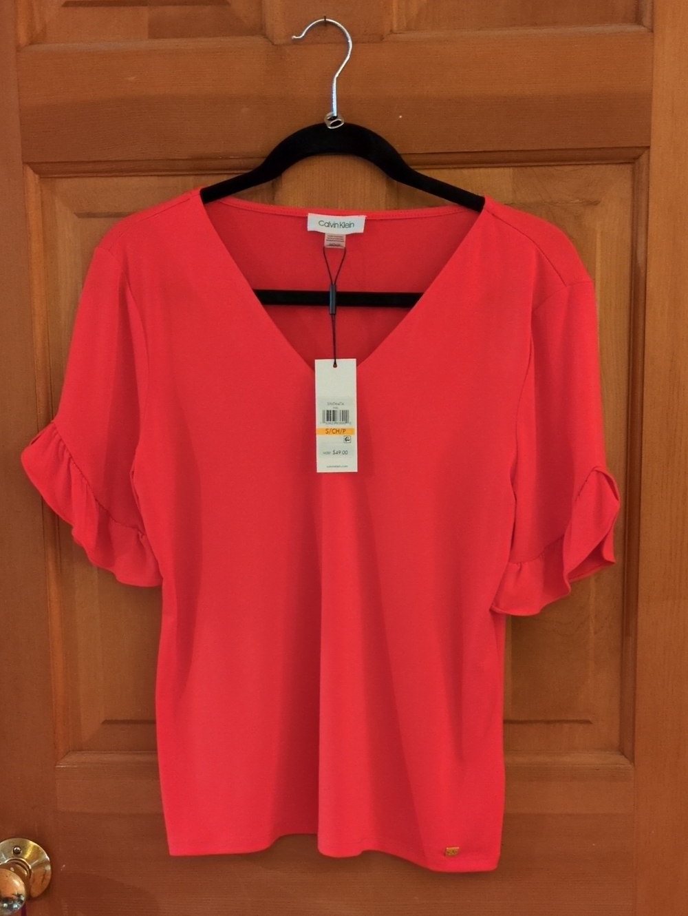 Calvin Klein True Red Ruffle Flutter Sleeve V-Neck Top Business Casual Size S